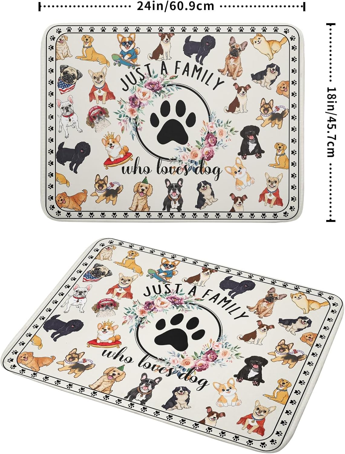 Dog Family Dish Drying Mat Cartoon Pet 18 X 24 in Absorbent Printed Drying Pad for Dog Lover