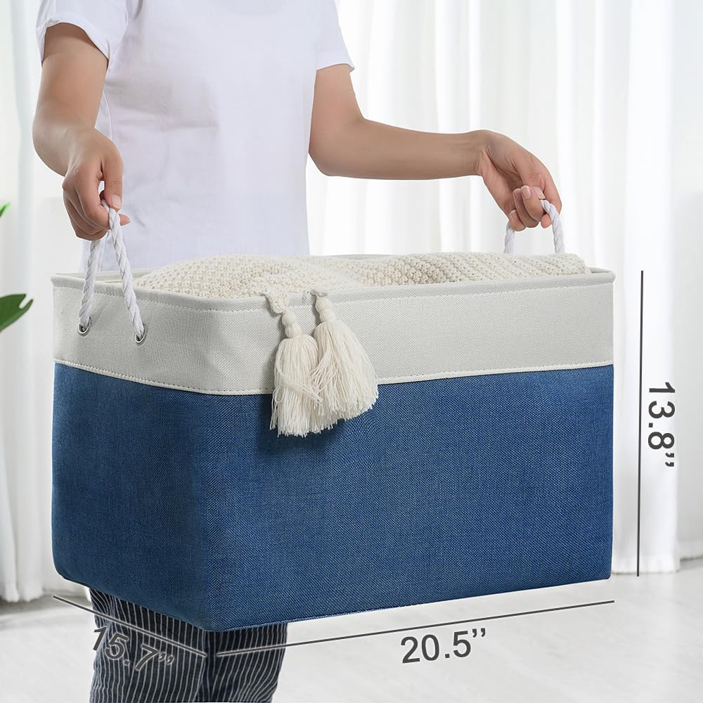 TheWarmHome Organization and Storage Basket for Shelves - Jumbo 3 Pack 20x16x14 inch Collapsible Storage Bins for Organizing, Canves Storage Cubes for Gift Organizer Toys Closet (White & Jean Blue)