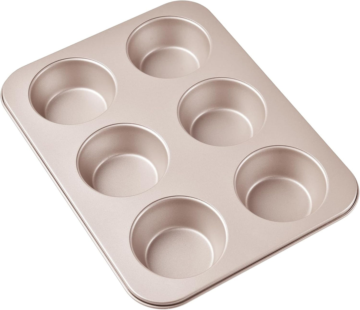 Muffin Cake Pan, 13-inch Non-Stick 6-Cavity Cupcake Pan Bakeware for Oven Baking (Champagne Gold)
