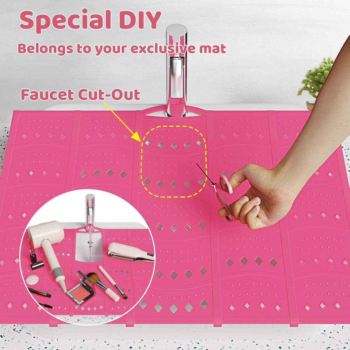 Bathroom Sink Cover for Counter Space, Sink Mat Foldable Sink Cover, Silicone Makeup Organizer Mat Space Saver, Small Bathroom & Rv Camper Travel Must Haves Accessories, Pink