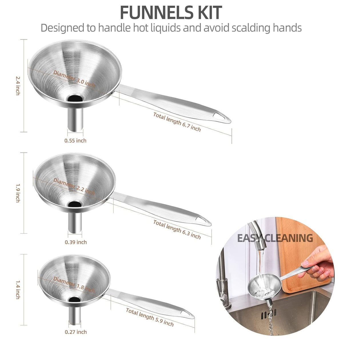 Funnels for Kitchen Use Filling Bottles, Kitchen Funnel Set of 3, Small Funnels for Filling Small Bottles Transferring Essential Oil, Liquid, Spice, Dry Ingredients & Powder, Dishwasher Safe