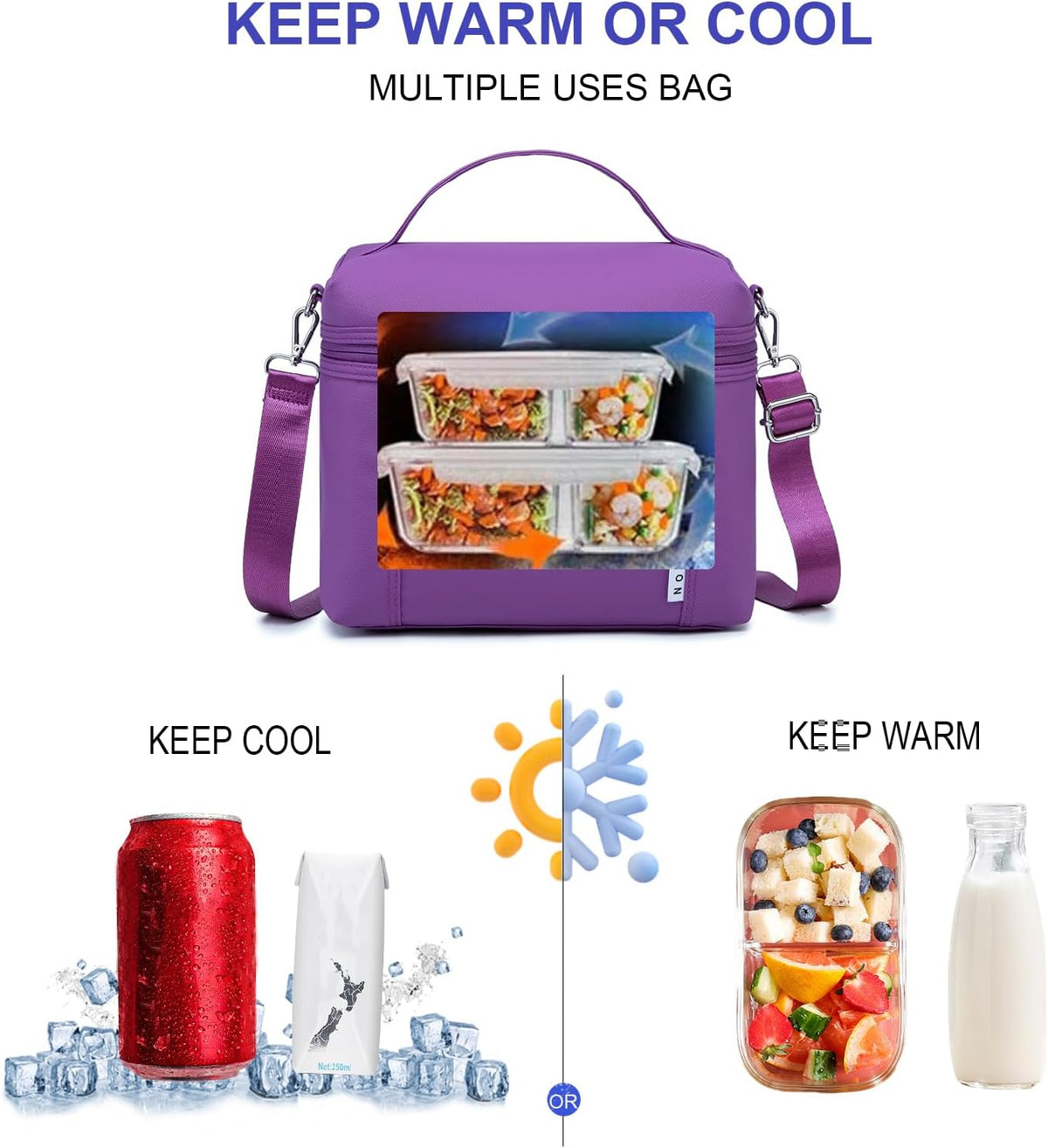 NOL Natural Organic Lifestyle Insulated Lunch Bags for Women Cooler Bag Lightweight Nylon Waterproof Lunch Box For Work (Purple Medium(normal))