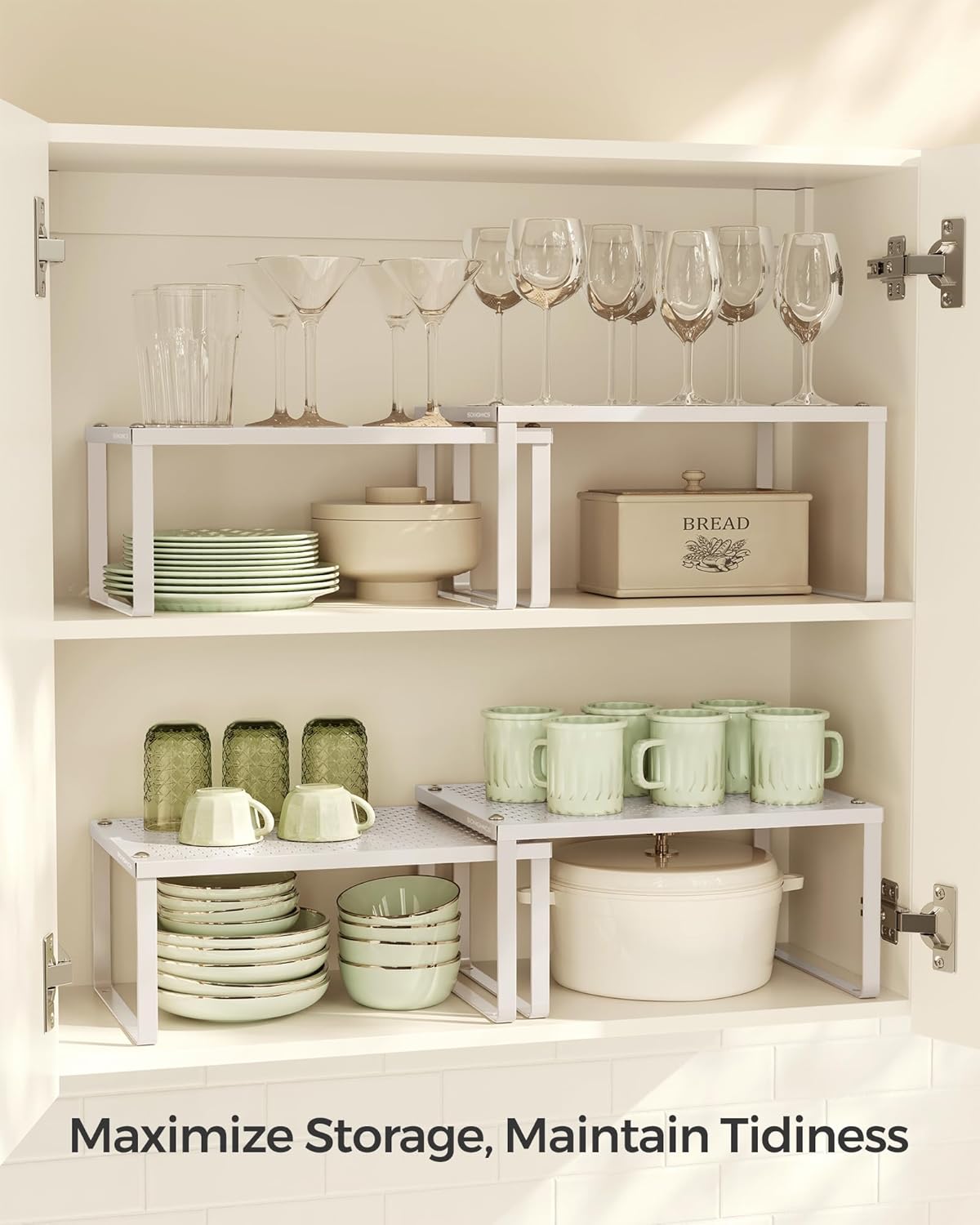 SONGMICS Spice Racks, Set of 4 Metal Cabinet Shelf Organizers, Countertop Organizers, Shelf Risers, Stackable, Expandable, Oatmeal Beige UKCS006K01
