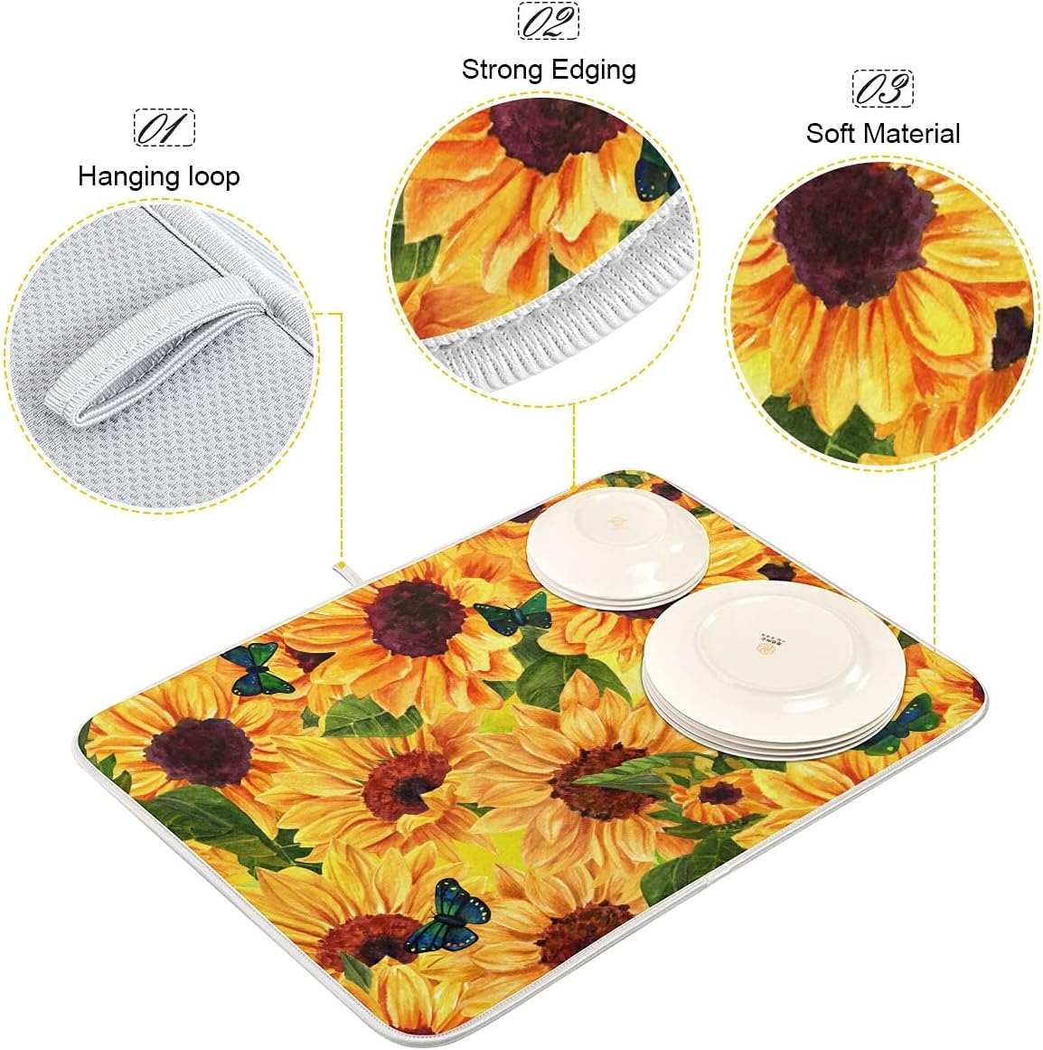 Super Absorbent Dish Drying Mat, Microfiber Fast-Drying Dish Mat, 24" x 18", Kitchen Dish Drying Pad, Sunflowers And Green Blue Butterflies