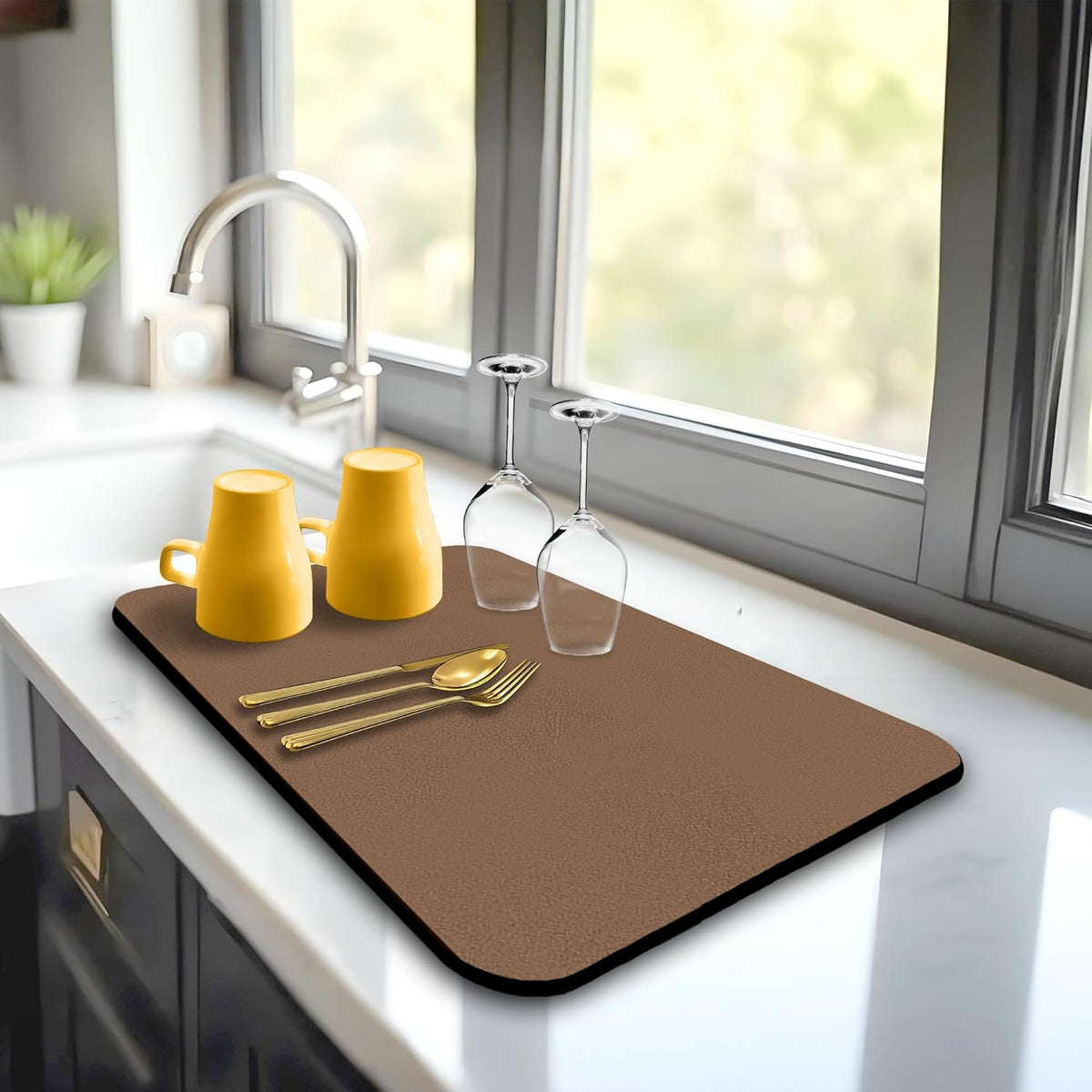 Dish Drying Mat Super Absorbent – 16" x 12" Coffee Mat for Countertops – Non-Slip Drying Mat for Kitchen Counter – Easy to Clean Water Absorbent Mat – Quick Dry Dish Drying Mats (Brown)