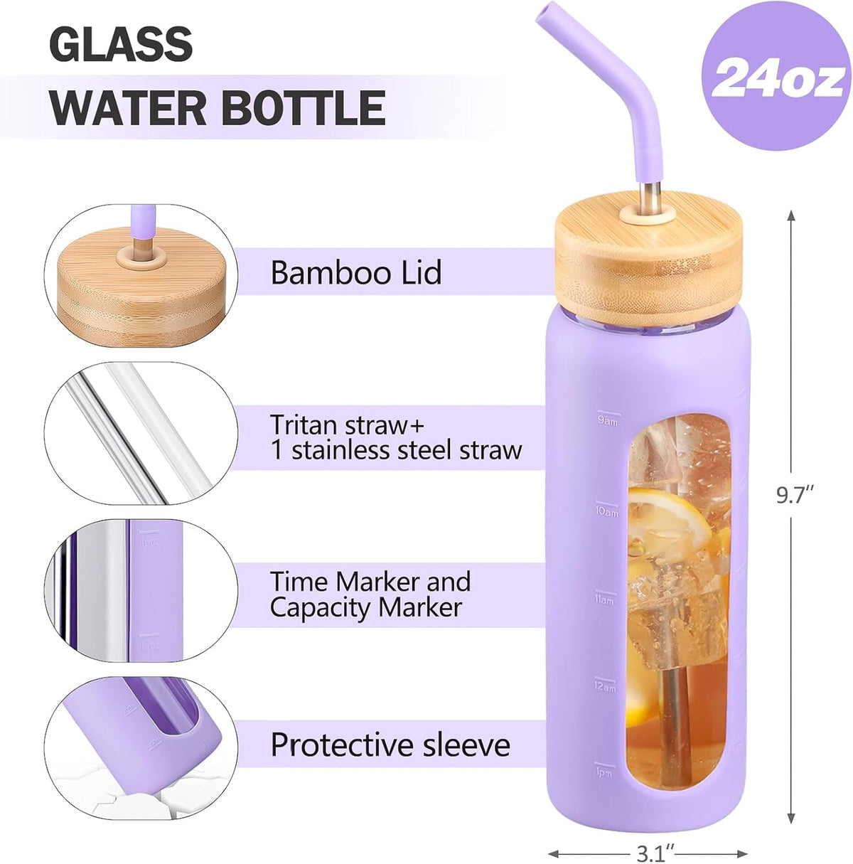 Glass Water Bottle with Straw, 24oz Glass Drinking Bottle with 2 Lids-Bamboo and Spout Lid with Phone Holder Handle for Gym Sports,with Silicone Sleeve and Time Marker,Purple