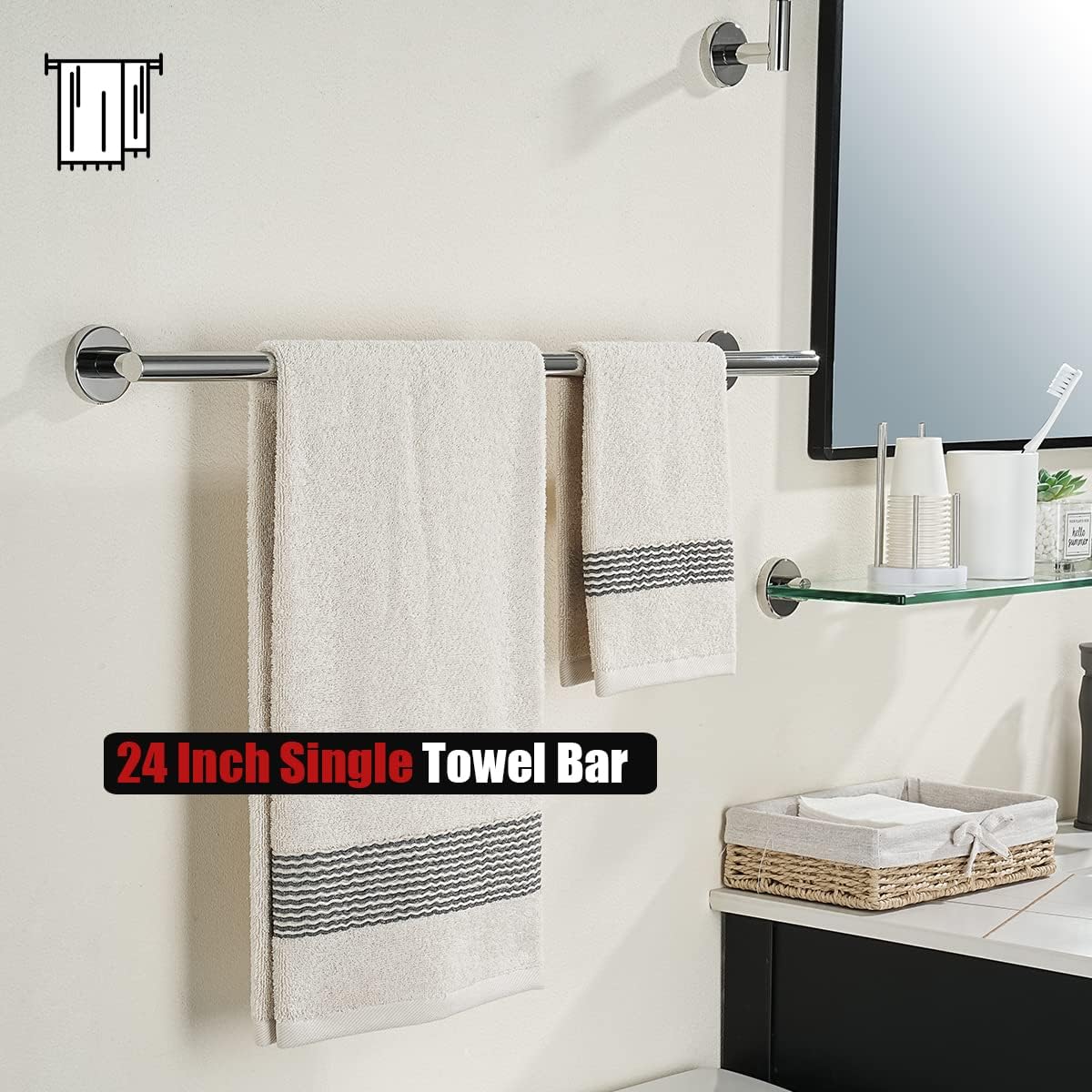 JQK Chrome Towel Bar, 27 Inch 304 Stainless Steel Thicken 0.8mm Towel Rack Bathroom, Towel Holder Polished Finished Wall Mount, Useable Length 24 Inch 2 Pack, TB110L24-CH-P2