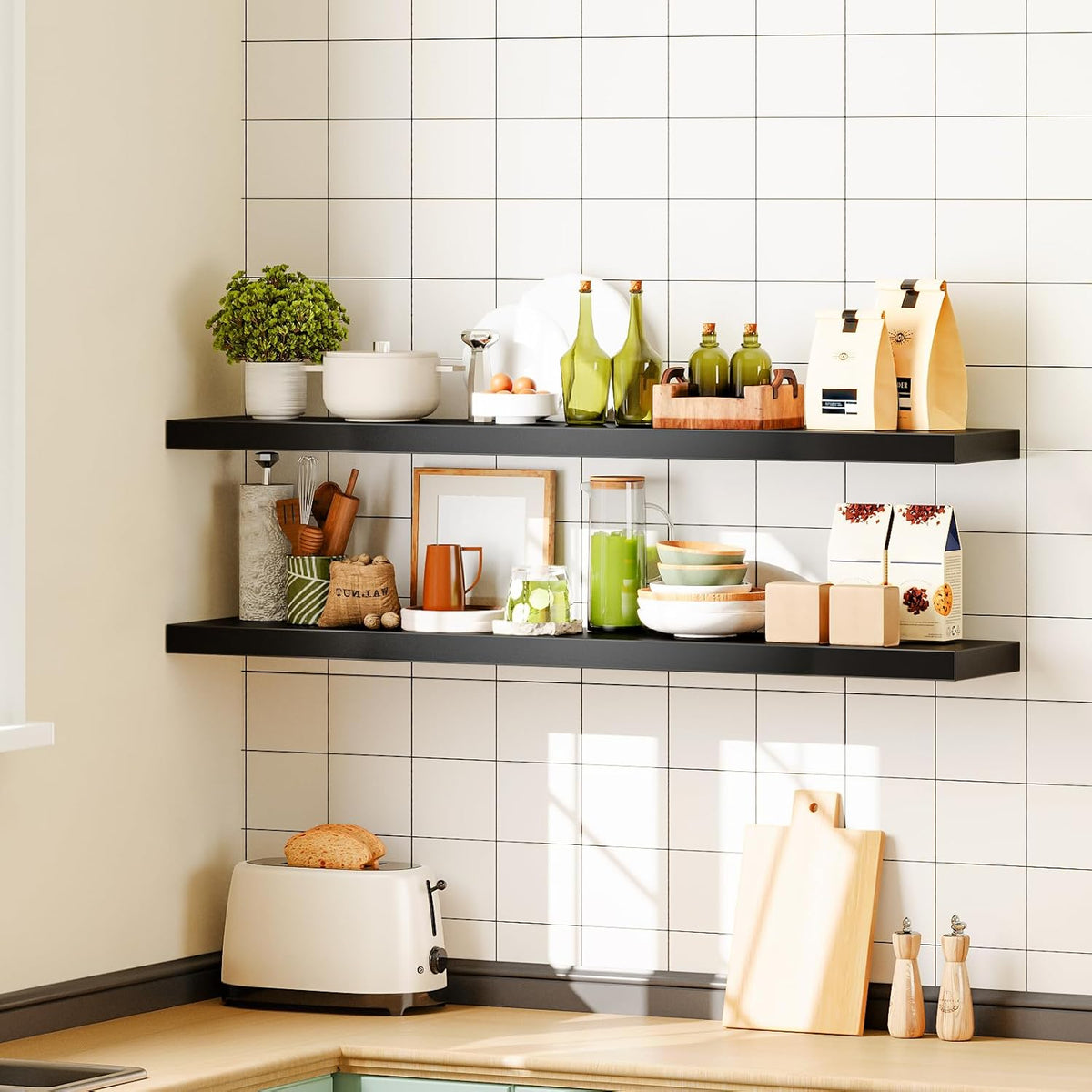 HOOBRO Floating Shelves for Wall, Wall Mounted Shelf Set of 2, 47.2" Hanging Shelf with Invisible Brackets, for Wall in Bathroom, Bedroom, Toilet, Kitchen, Living Room, Office, Black BK120BJP201