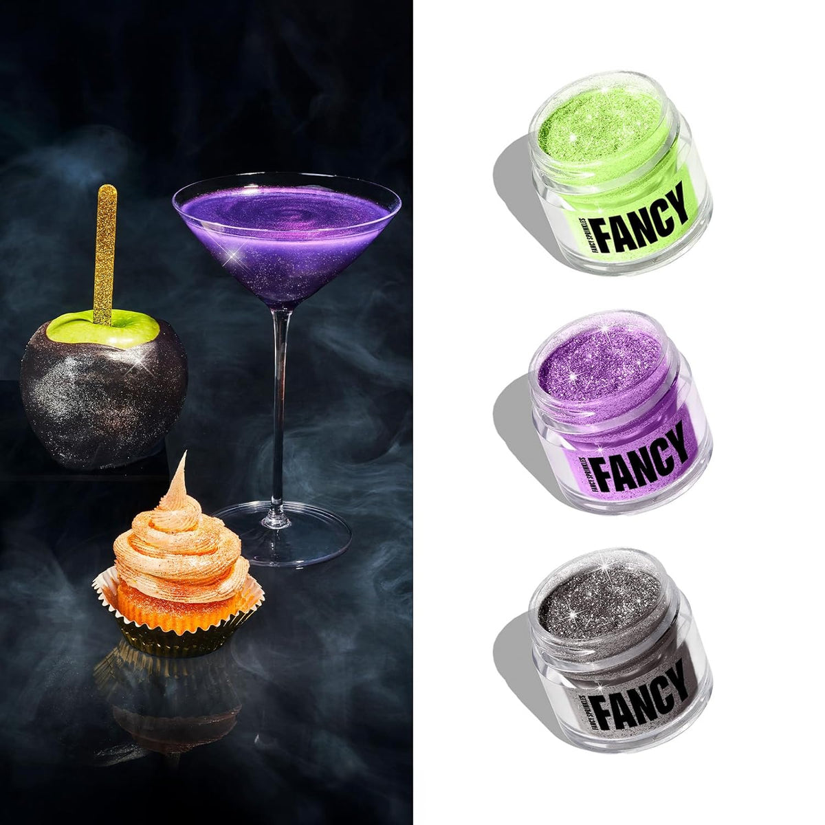 Fancy Sprinkles Limited Edition Halloween B'Witched Edible Glitter Set for Sparkling Food & Drinks, No Taste or Texture Peridot Green, Amethyst Purple, and Onyx Black (3 jars, 4gm each)
