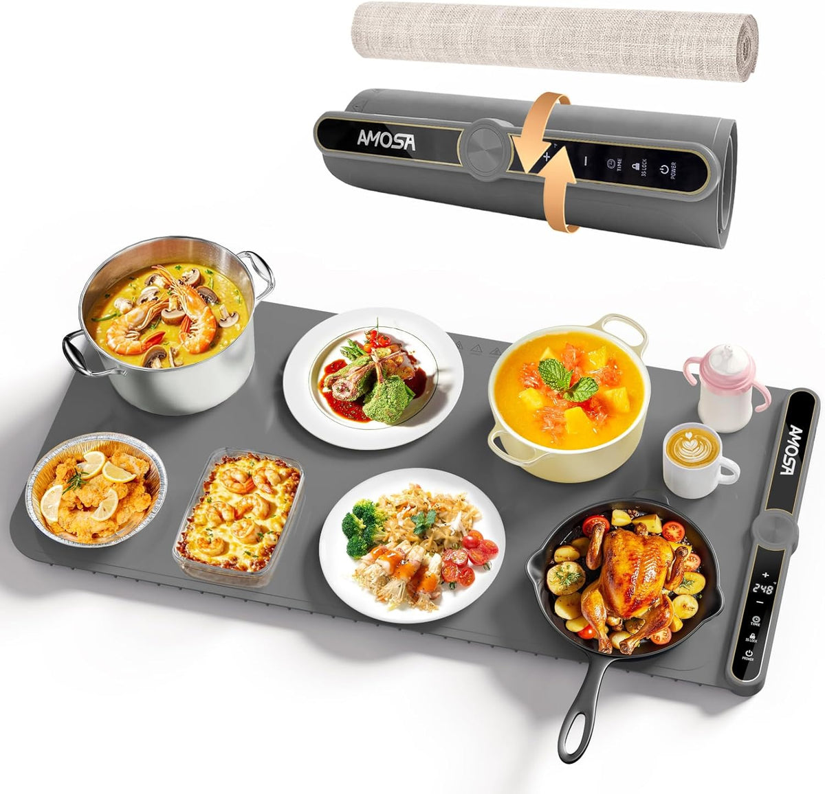 Warming Mat for Food, Fast Heating Electric Food Warmer with 9 Level Temperature and 6 Hours Timer, Extra Large Roll Up Silicone Food Warming Mat, Portable Warming Trays for Buffets Party (Grey)