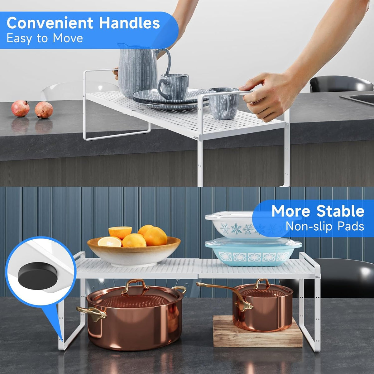 Expandable Cabinet Shelf Organizers, Kitchen Small Stand Rack Organization for Countertop Cupborad Pantry, White 3 Pack