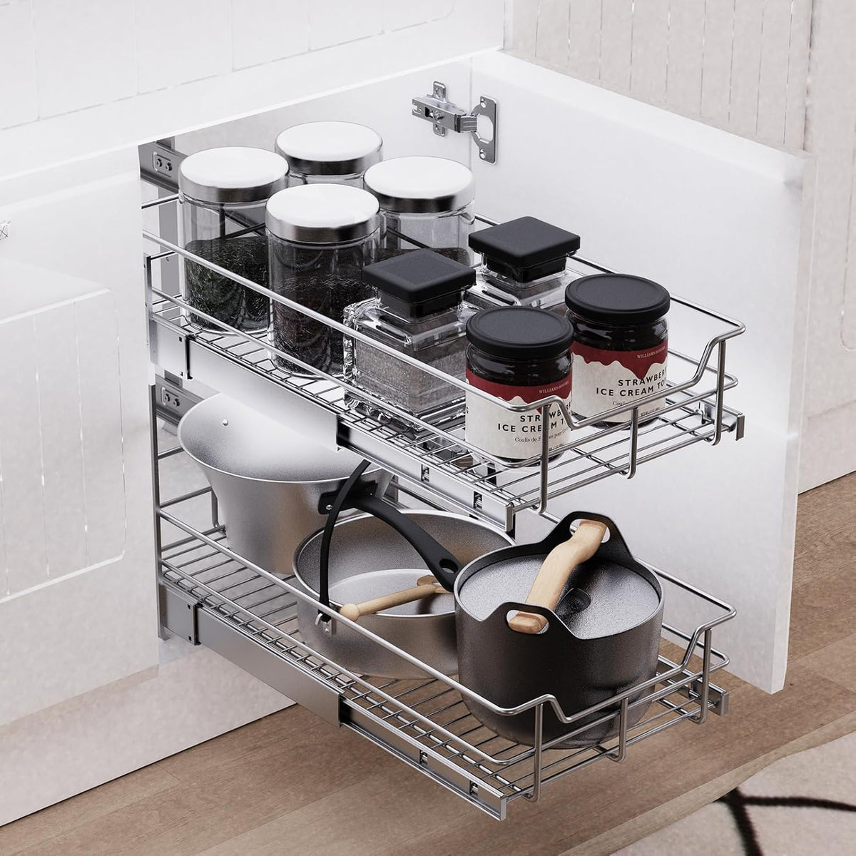 2 Tier Pull Out Cabinet Organizer 11" W X 17" D, Slide Out Drawers for Kitchen Cabinets, Pull Out Drawers for Cabinets Capacity Heavy Duty Caddy, Cabinet Pullout Shelves Chrome-Plated,Bathroom Pantry