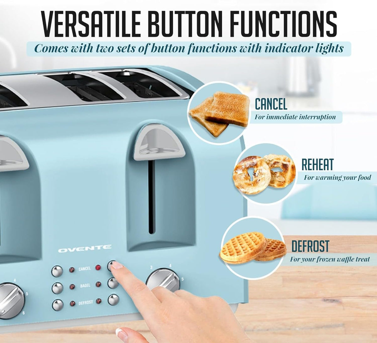 OVENTE Electric 4-Slice Toaster Machine with 6-Shade Selector Setting, Cancel Button, Defrost Function, Crumb Tray, 1400W Power and Wide Slots for Bagels, Waffles and Puff Pastry, Light Blue TS4410LBL