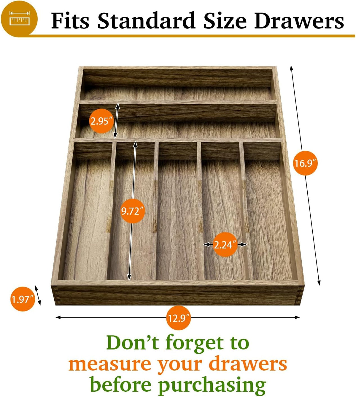 Acacia Wood Silverware Drawer Organizer, Kitchen Utensil Cutlery Drawer Organizer with Grooved Dividers, Flatware Organizer Silverware Tray Holder for Spoon, Fork, 13''x16.9'' (7 Slots)