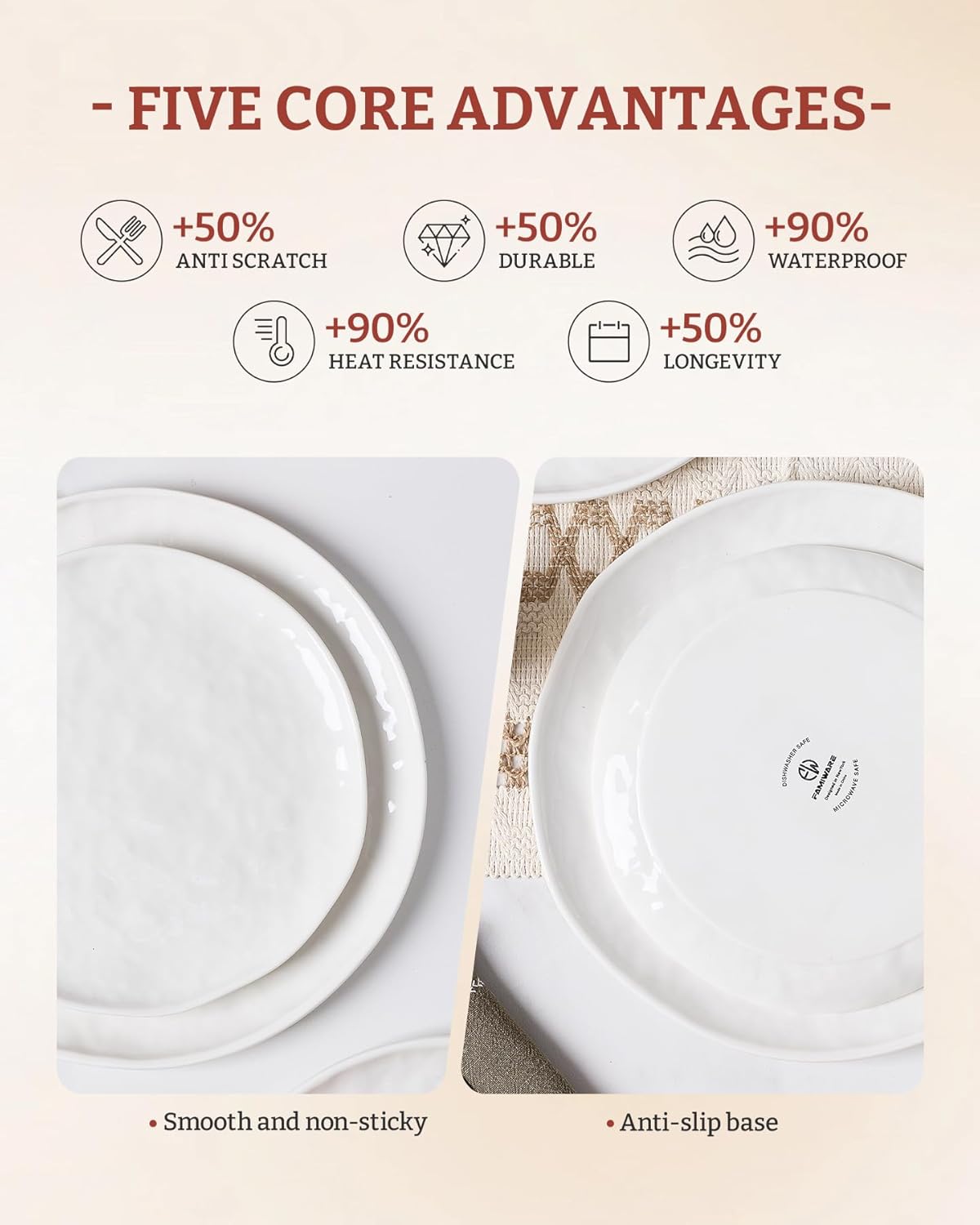 Famiware Porcelain kitchen plates and bowls set, Modern dishes set for 4, Handmade Wave Edge Dinnerware Sets, Microwave and Dishwasher Safe Tableware, Polar White (16pc)