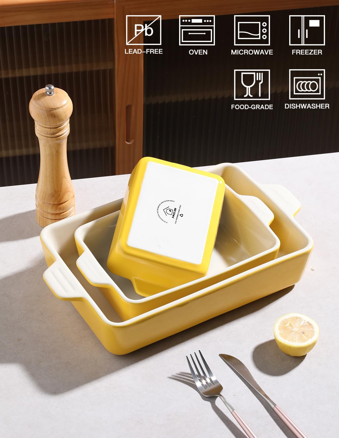 Sweejar Ceramic Bakeware Set, Rectangular Baking Dish for Oven Lasagna Pans for Cooking, Kitchen, Cake Dinner, Banquet and Daily Use, 11.8 x 7.8 x 2.76 Inches of Casserole Dishes (Yellow)