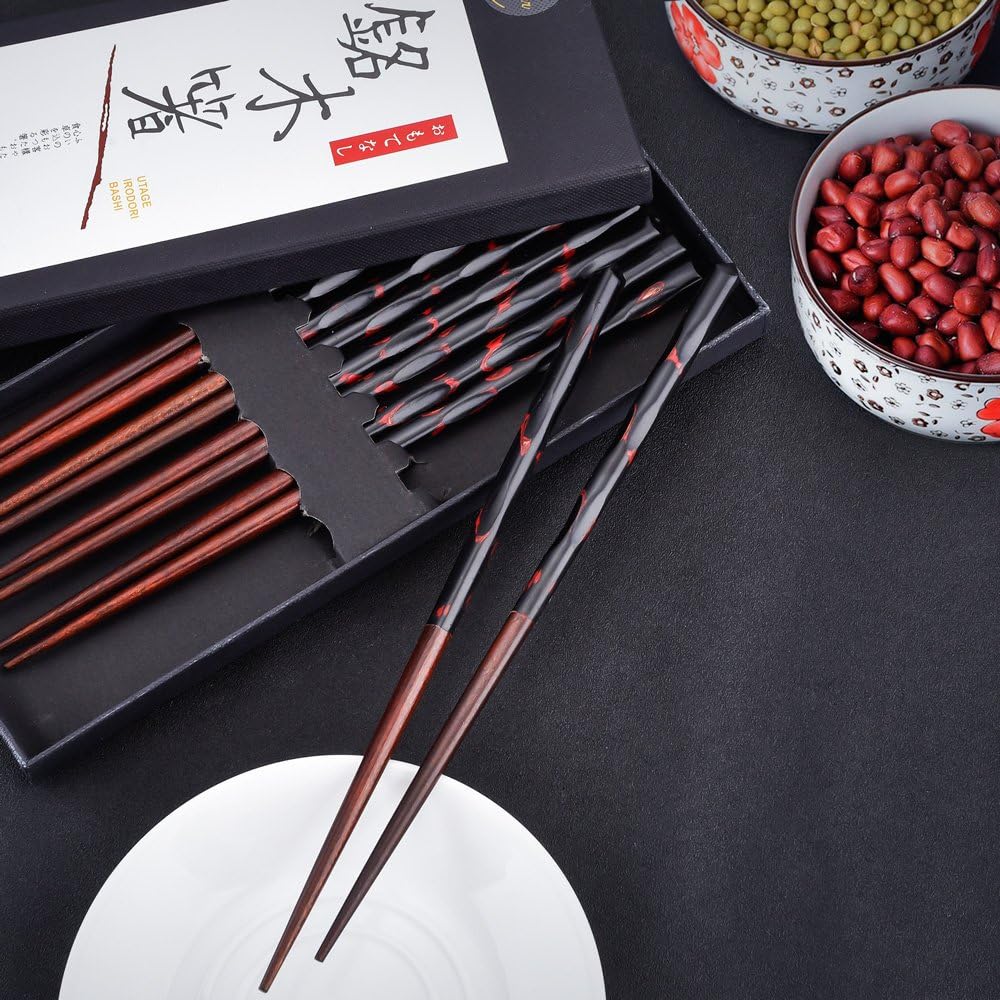 Antner 5 Pairs Hardwood Chopsticks Reusable Japanese Style Natural Wood Chop Stick Hand-Carved Chopstick Gift Set, 9 Inches
