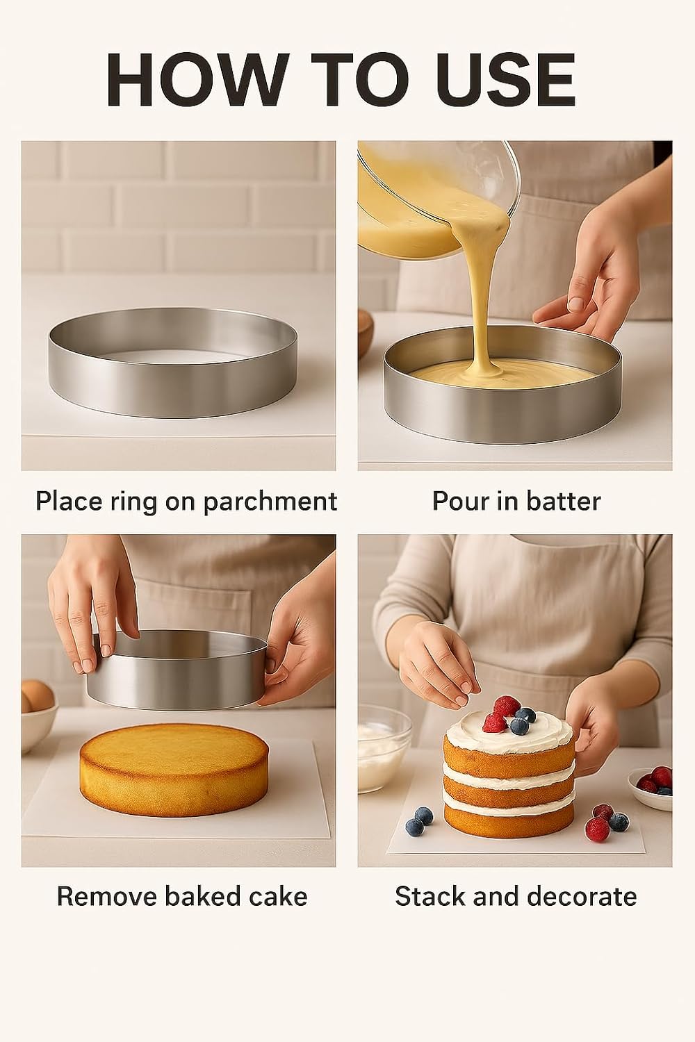 Maystore's Set of 4 Cake Rings 4-6-8-10 Inch – Round Cake Cutter Ring Mold with Premium Stainless Steel – Perfect Cake Ring for Baking, Pastry, and English Muffin – Ideal for Creating Circles.