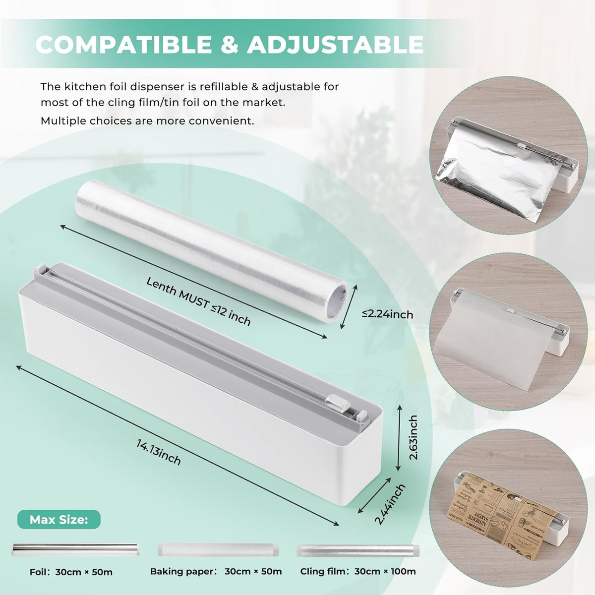 Magnetic Plastic Wrap Dispenser with Cutter - Quasziwa Upgrade Practical Refillable Cling Wrap Aluminum Tin Foil Organizer for Drawer, Include an Extra Roll of 12"X 164' Food Cling Film - Grey