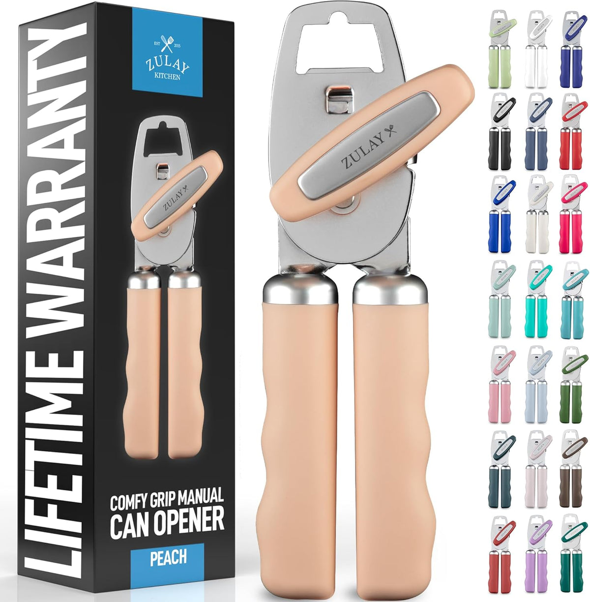 Zulay Kitchen Heavy Duty Stainless Steel Can Opener Manual with Bottle Opener - Rust Proof Manual Can Opener With Turn Knob & Comfy Soft Grip Handles - Peach