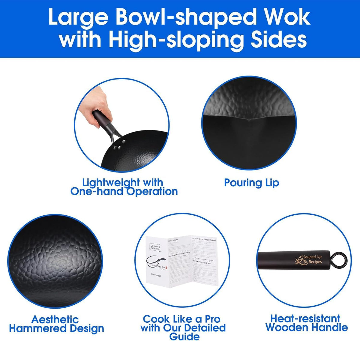 12.5 Inch Carbon Steel Wok For Electric, Induction and Gas Stoves (Lid, Spatula and User Guide Video Included)