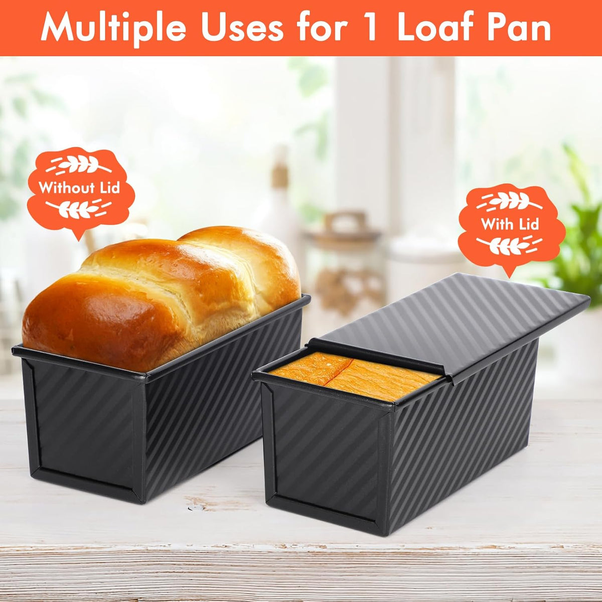 Beasea Pullman Loaf Pan with Lid, 2 Pack 0.5 lb Small Non-Stick Bread Loaf Pans Carbon Steel Mini Bread Toast Box for Homemade Bread Toast Oven Baking - Black