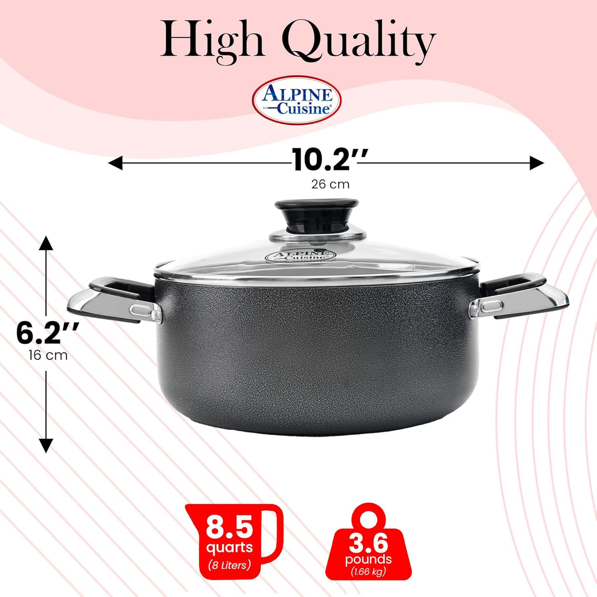 Alpine Cuisine 8.5 Quart Non-stick Stock Pot with Tempered Glass Lid and Carrying Handles, Multi-Purpose Cookware Aluminum Dutch Oven for Braising, Boiling, Stewing