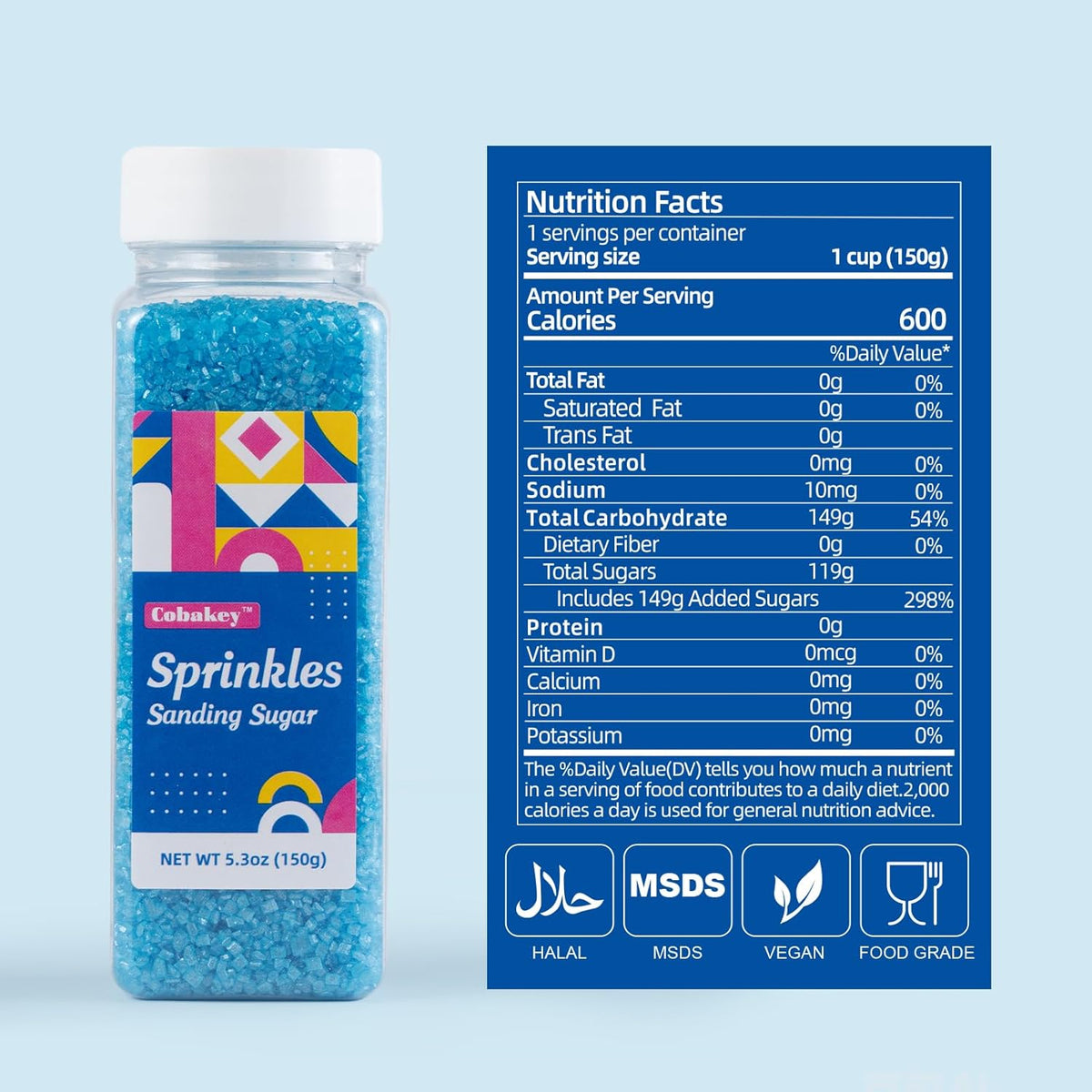 Sanding Sugar Blue Edible Sugar Sprinkles Sanding Sugar for Cake Decorating, Sparkling Crystal Candy White Pearl Sugar for Wedding Party Baking Cupcake Cookie Ice Cream Decoration Supplies - 5.3 oz
