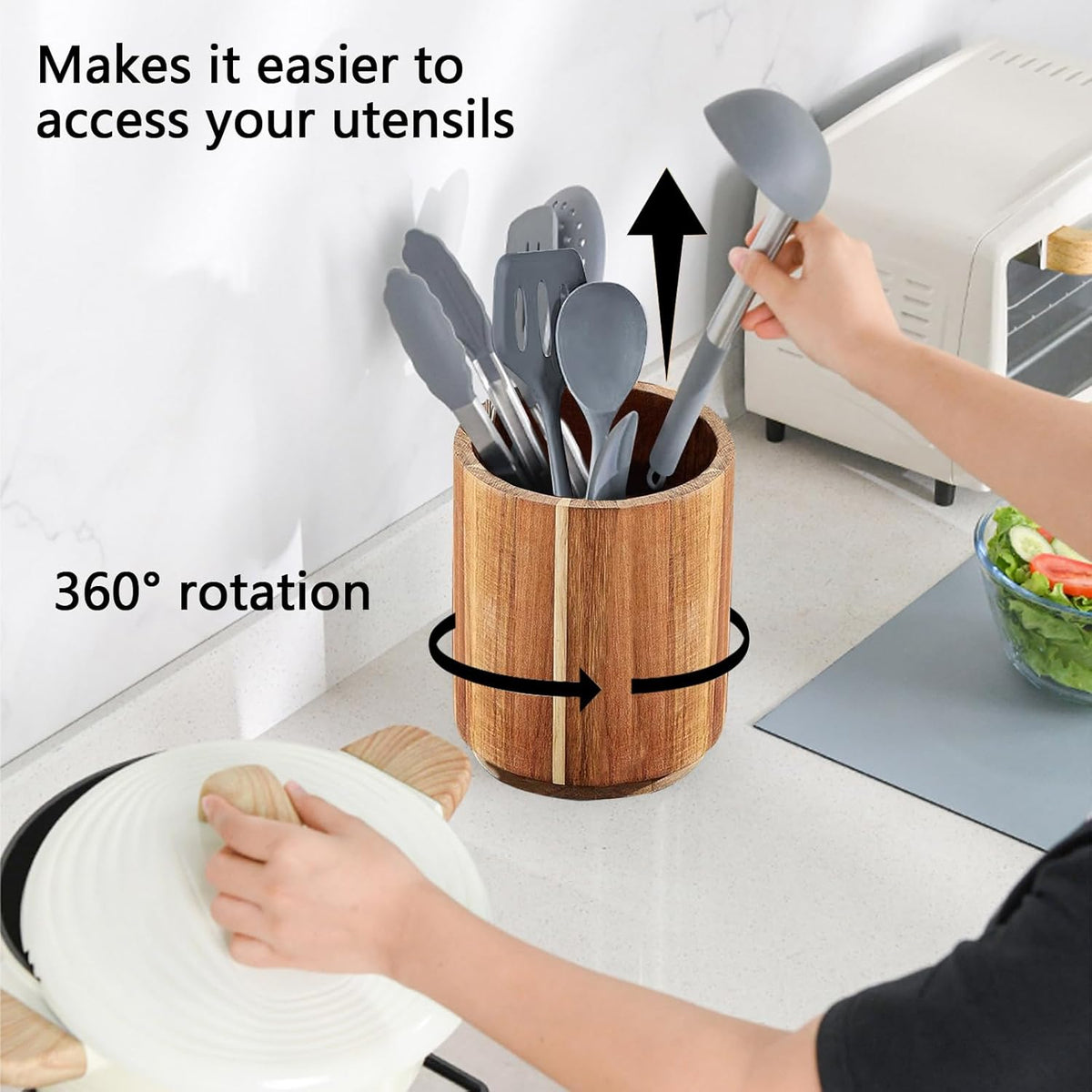 Acacia Wood Utensil Holder for Kitchen Counter, 360° Rotating 7.3" Large Wooden Utensil Holder,Kitchen Utensil Crock for Countertop,Cooking Utensil Storage Organizer,Farmhouse Kitchen Decor