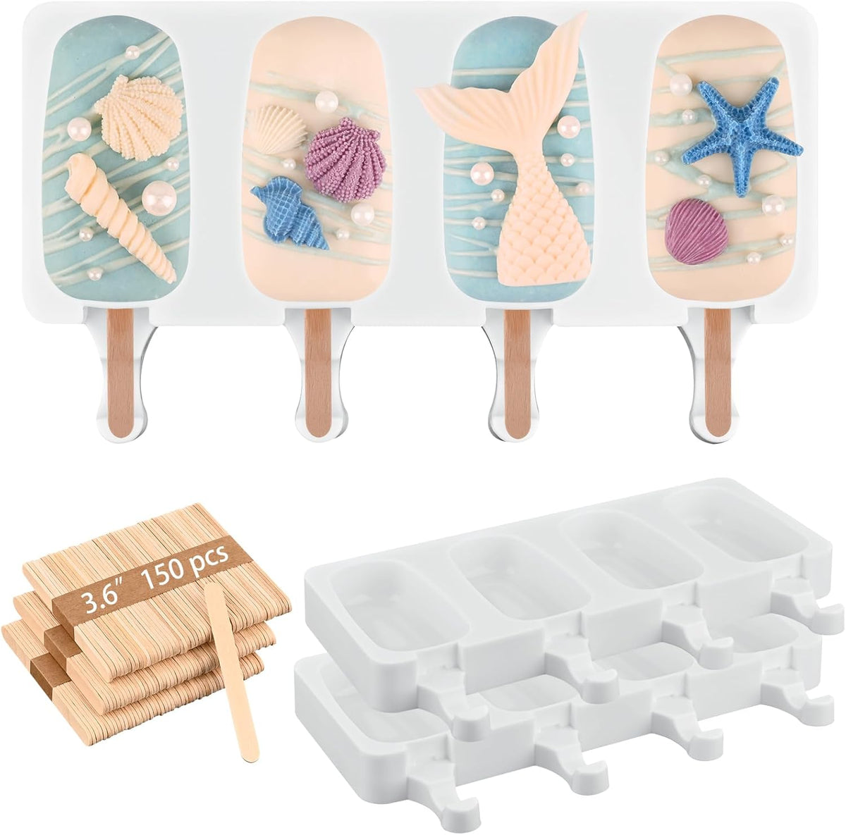 Sakolla Silicone Popsicle Molds Set of 3, Large Oval 4 Cavities Homemade Ice Pop Molds with 150 Wooden Sticks for Ice Cream, Cakesicles, Cake Pop (White)