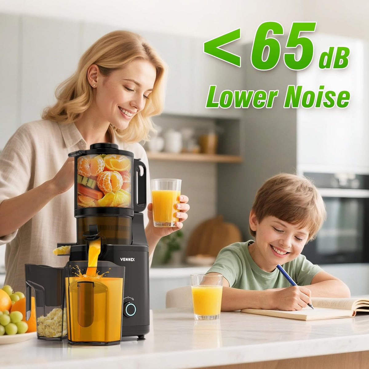 VENNXE Cold Press Juicer, Masticating Juicer with 5.7" Large Feed Chute for Whole Vegetables and Fruits, Dual Auger Juice Extractor Machines for High Juice Yield, Easy to Clean and Assemble, Black