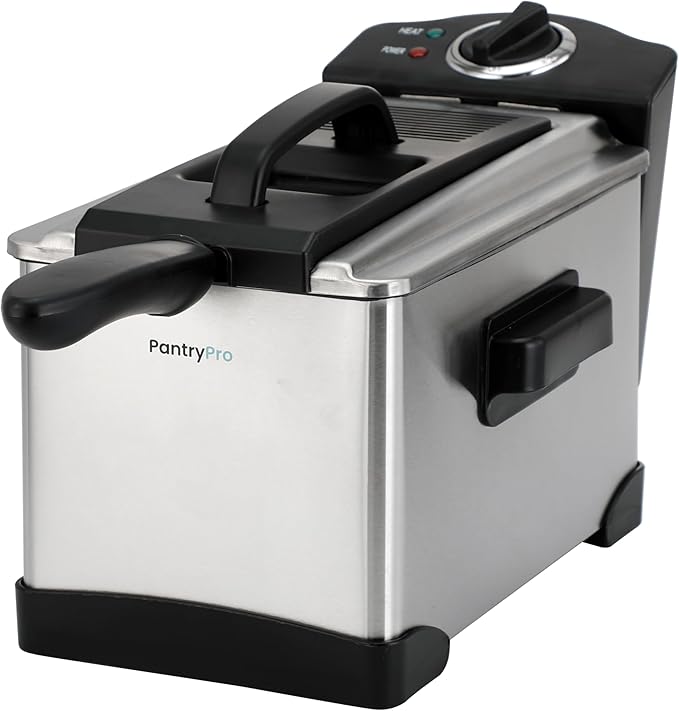 PantryPro 2 Liter / 2.1 Quart Stainless Steel Immersion Electric Deep Fryer, 1400 W, Temperature Control, Basket with Hook, Odor Filter, Lid w. Viewing Window