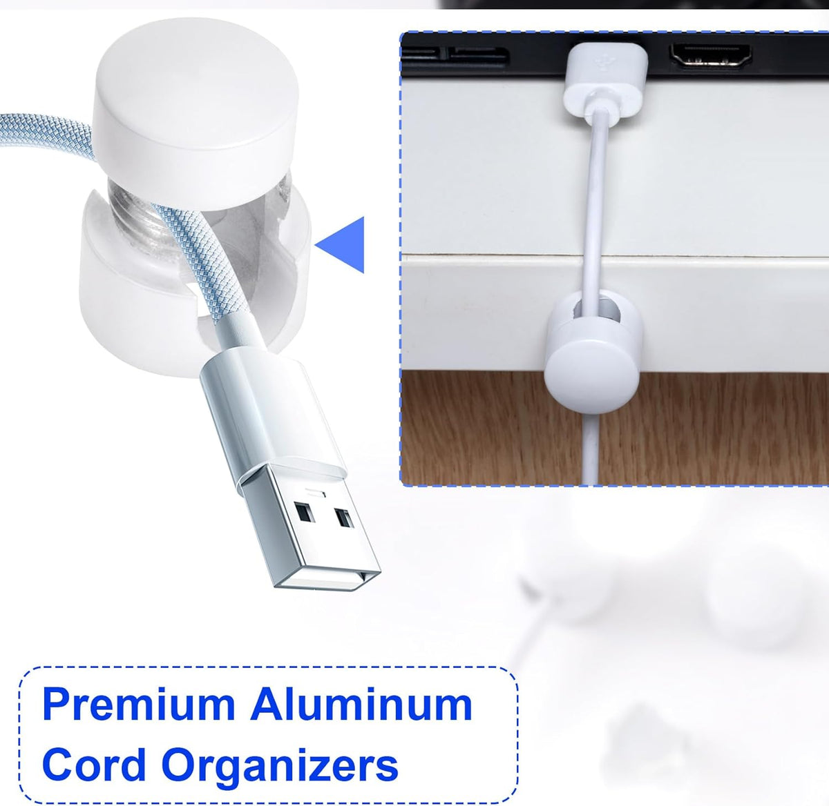 3 Sets Charger Holders for Cords, White Adjustable Cable Anchor Holders, Adhesive Metal Cord Clips, Cable Management Wire Organizers for Desk, Office, Nightstand