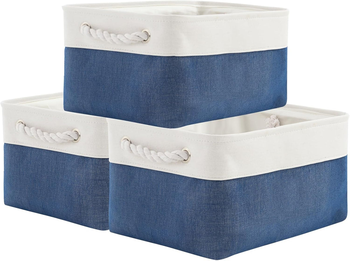 TheWarmHome Storage Basket for Organizing - Medium 3 Pack 14x10x7 inch Fabric Storage Cubes for Shelves with Rope, Collapsible Storage Bin for Organizer Closet Cloth Gift Toy (White & Jean Blue)