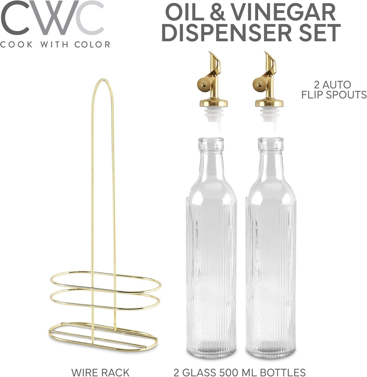 COOK WITH COLOR Glass Olive Oil Dispenser Bottle - 2 Pack, 17 oz Cruet - Elegant Carafe Decanter with Spout for Kitchen, Suitable for Vinegar, Coffee Syrups & Other Liquids