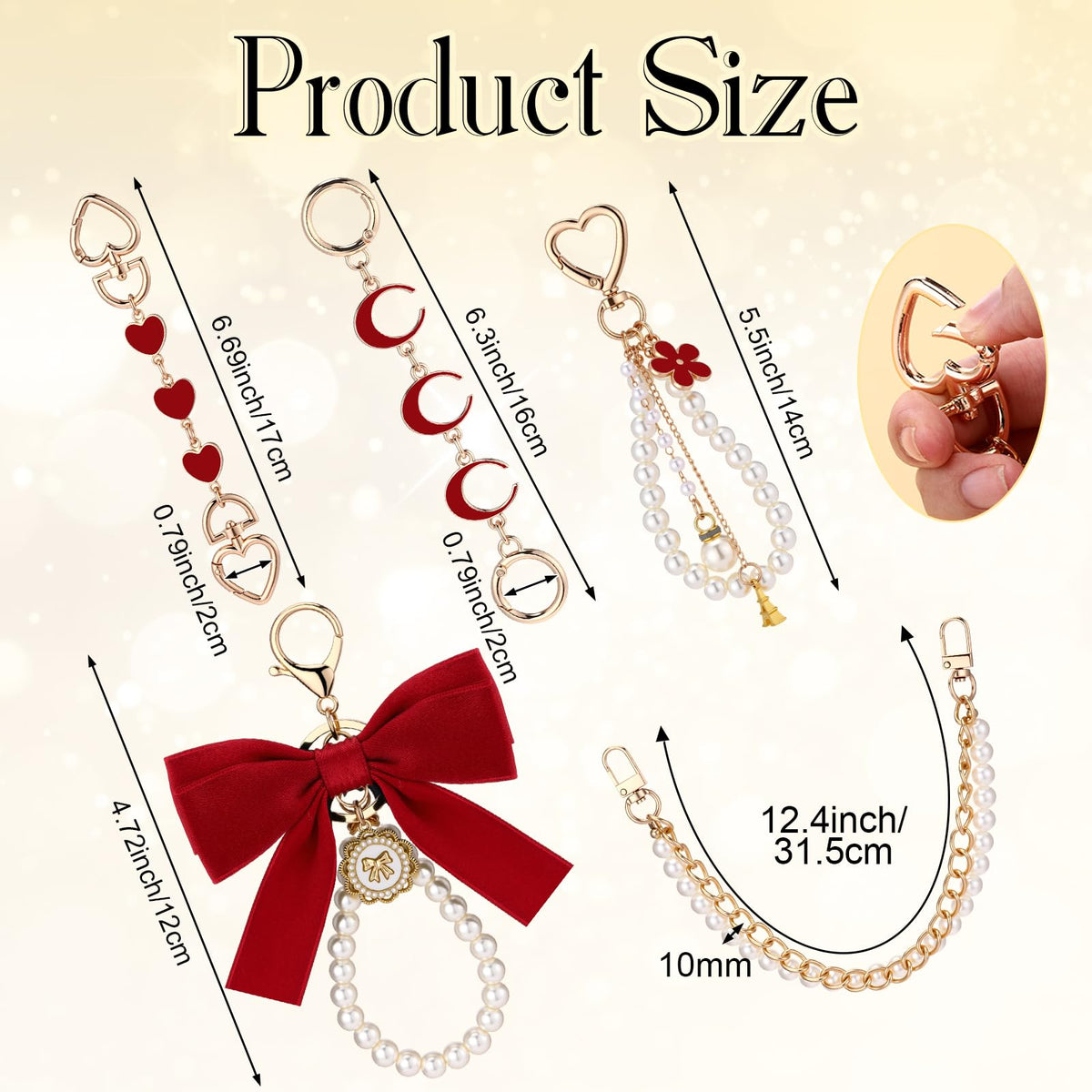 Sureio 5 Pcs Bag Extender Chain Pearl Bow Purse Charm Gold and Red