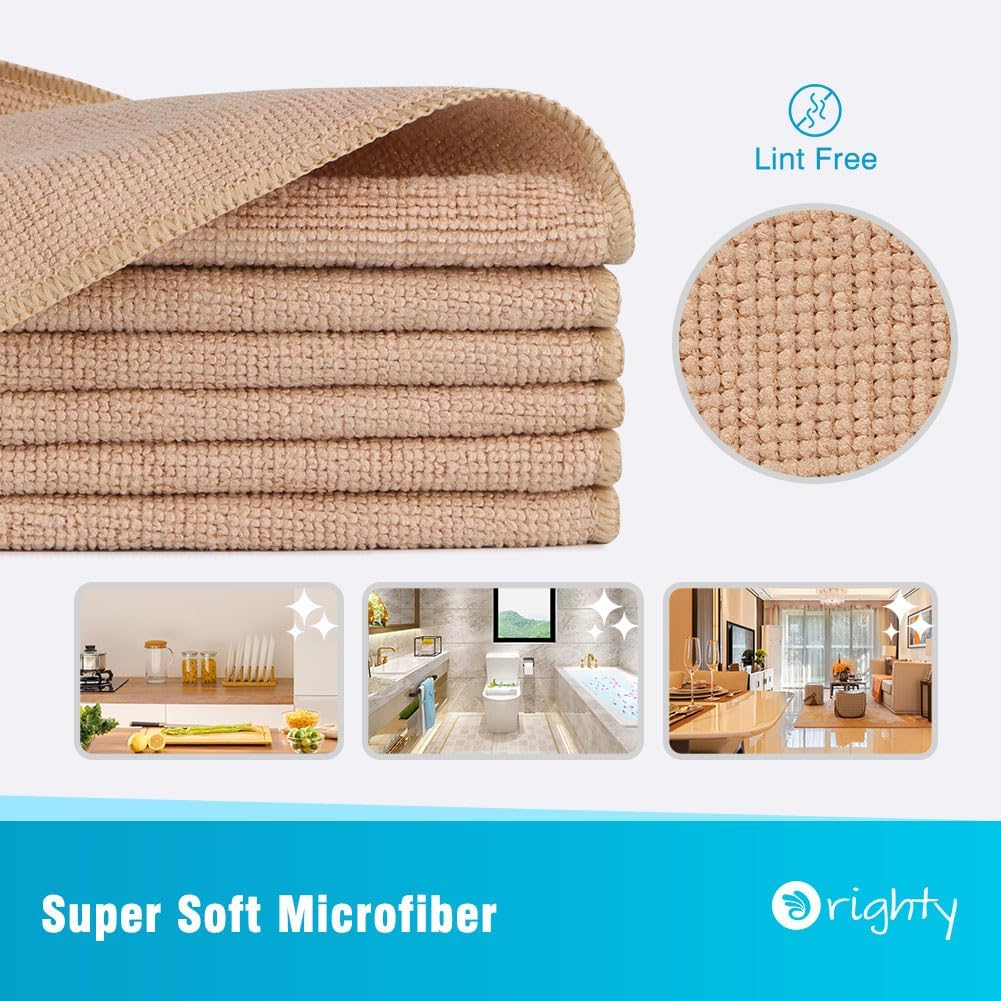 Orighty Microfiber Cleaning Cloth, 12 Pack Highly Absorbent Cleaning Supplies, Lint Free Cloths for Multiple-use, Powerful Dust Removal Clean Rags for House, Kitchen, Car Care(12x12 inch) Brown