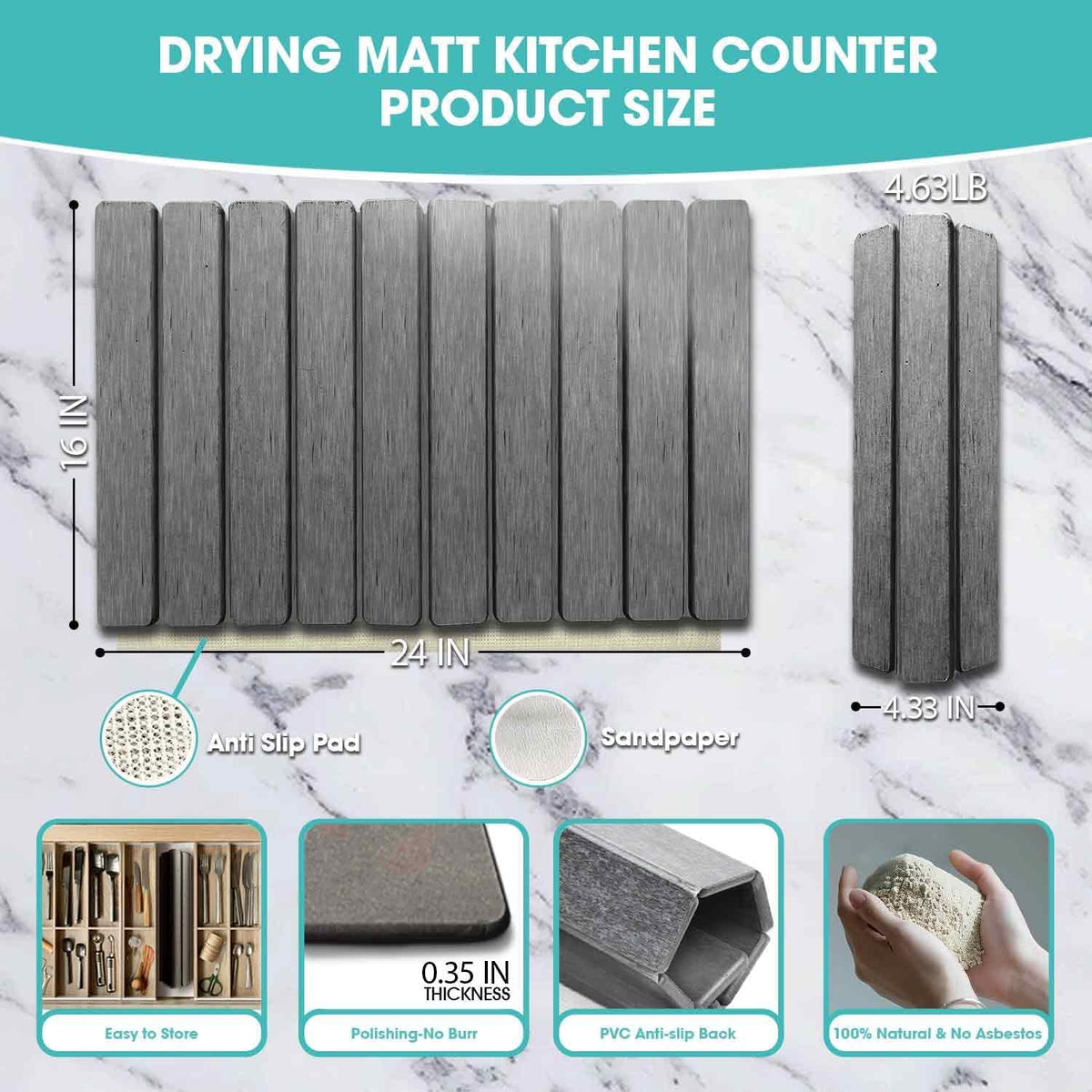 Dish Drying Mat Stone Bath Mat Diatomaceous Earth Stone Drying Mat For Kitchen Counter Sink Bath Mat Quick Dry Non Slip Foldable Dish Drying Rack Mat Large(24"×16" Dark Grey)