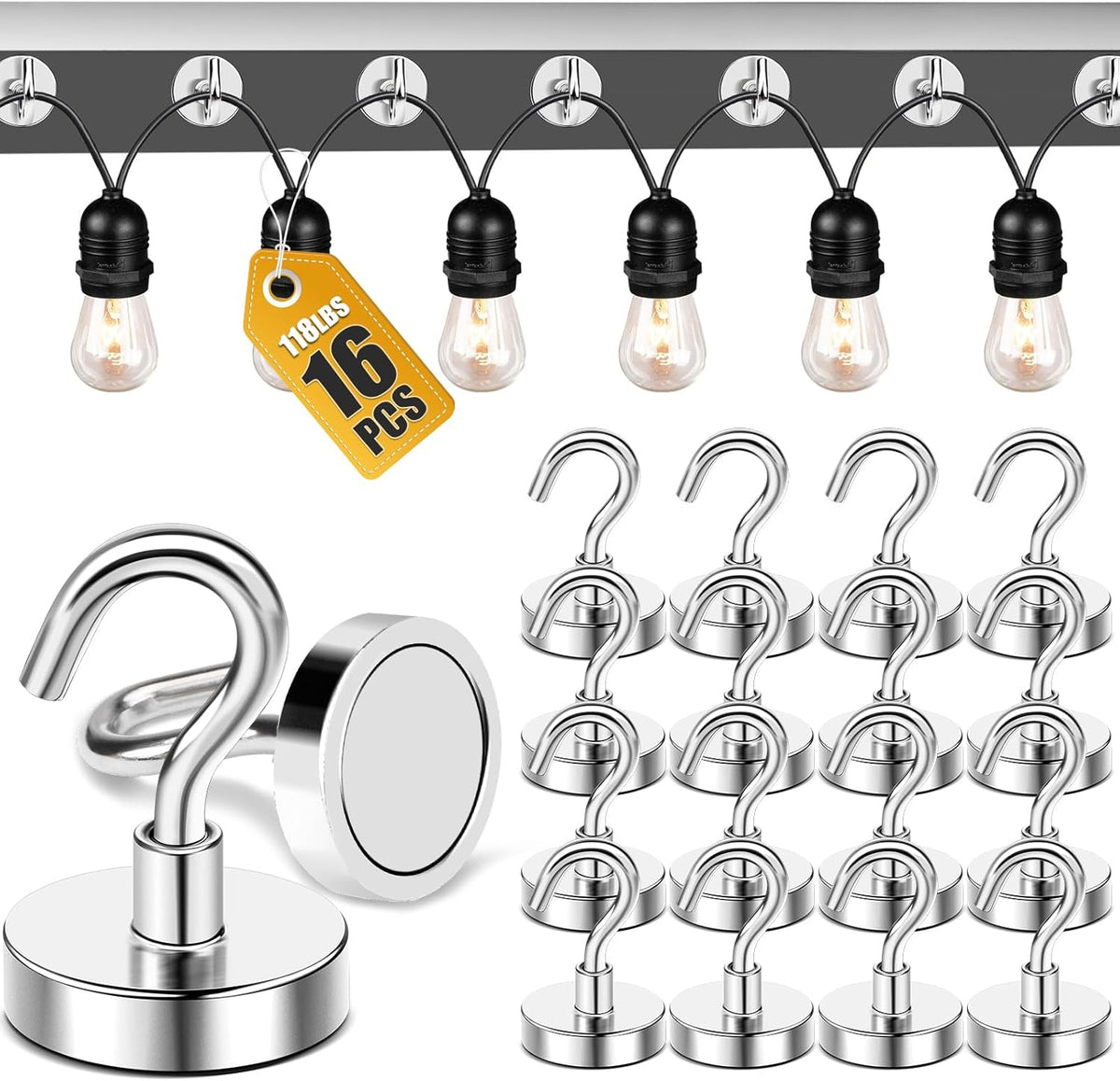 DIYMAG Outdoor Hooks for Hanging String Lights, Magnetic Hooks Strong 118lbs+ Hanging Party Light Wall Cable 2025 Cruise Cabin Ship Essentials Heavy Duty Strong Magnets for Outside Grill 16PCS