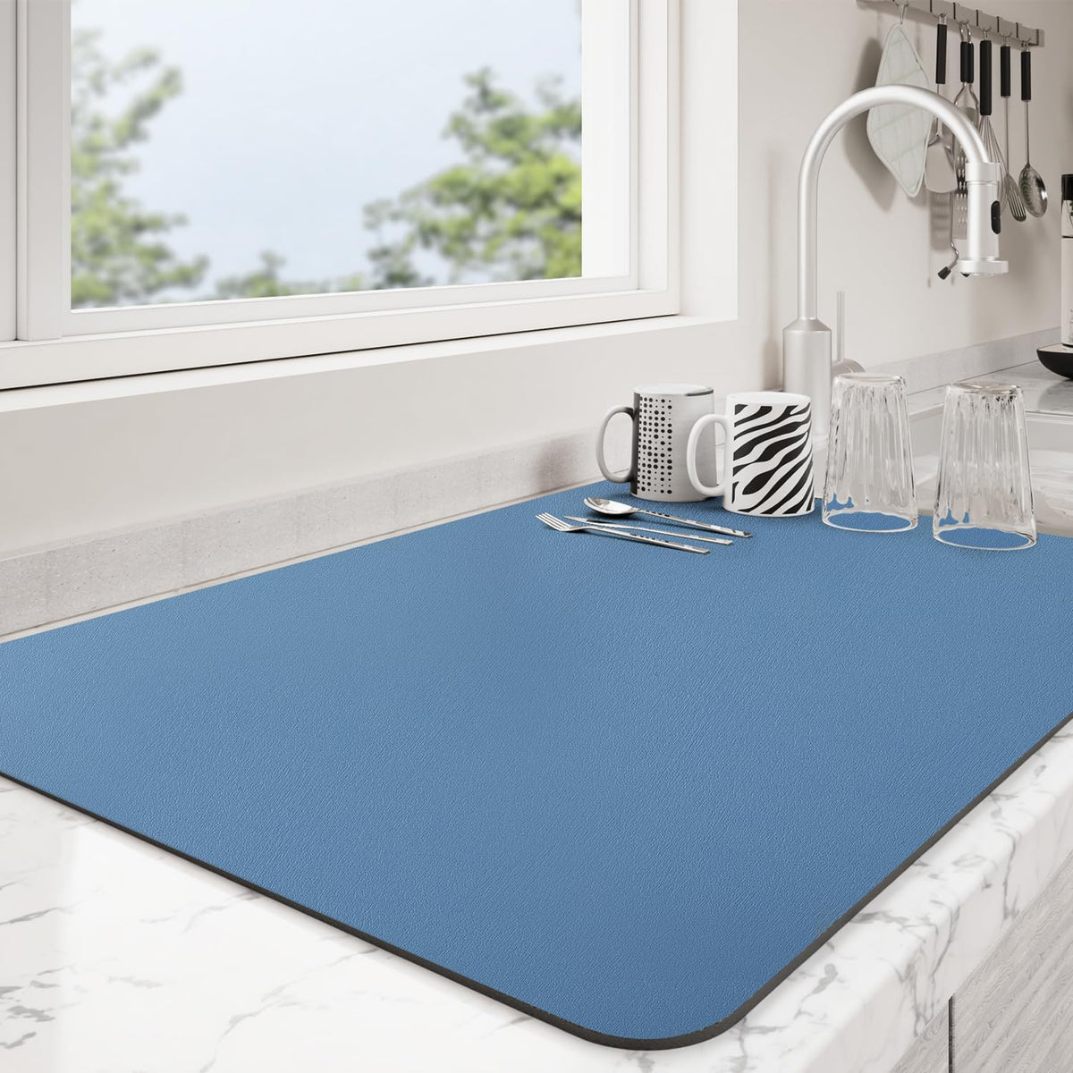 Dish Drying Mat for Kitchen Counter | Coffee Bar Mat for Countertops | Heat Resistant Drainer Mat with Non-slip Rubber Backed | Hide Stain Kitchen Absorbent Draining Mat | Blue 16"x24"