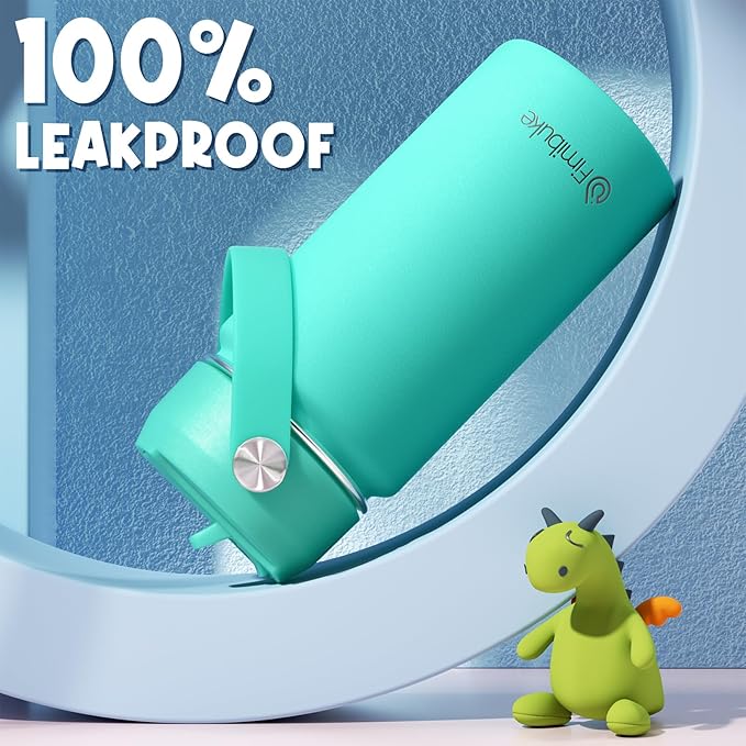 Fimibuke Kids Insulated Water Bottle, 14oz BPA FREE 18/8 Stainless Steel Travel Tumbler Double Wall Vacuum Leak Proof Kids Cup with Straw Metal Water Bottle for School Boys Girls(1 Pack, Turquoise)
