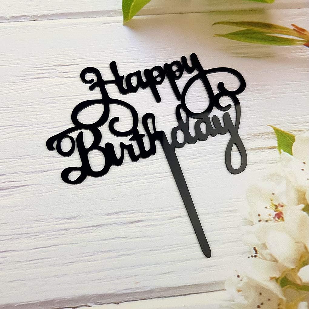 Happy Birthday Cake Topper for Birthday Party Decorations - Black Acrylic