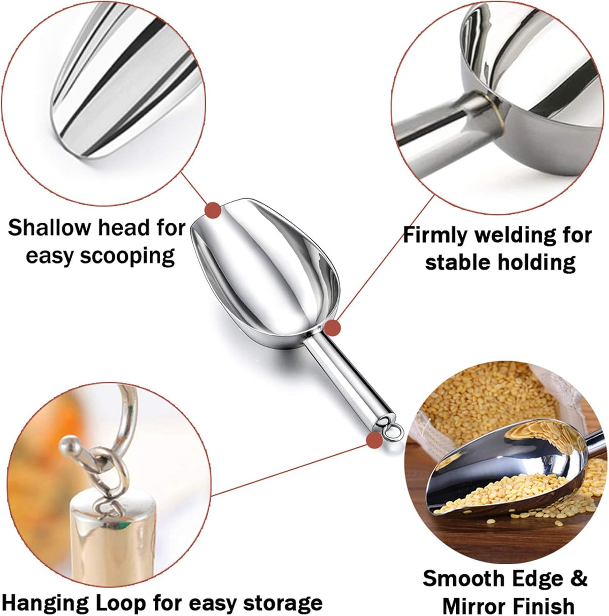 TeamFar 8oz Ice Scoop, Stainless Steel Food Scoop Metal Ice Scooper for Kitchen Bar Party Wedding, Heavy Duty & Sturdy, Easy Storage & Versatile, Mirror Finish & Smooth Edge, Dishwasher Safe