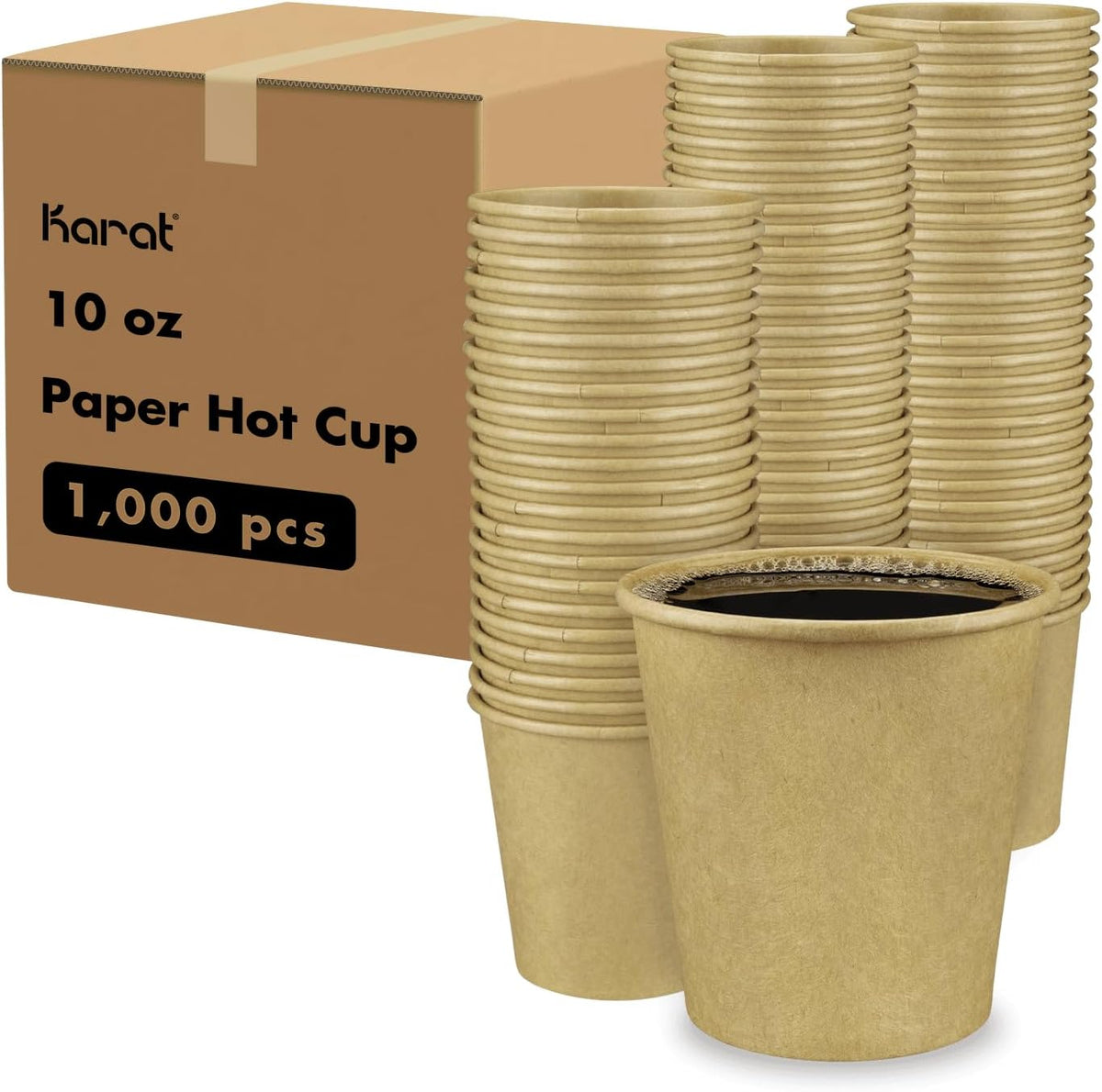 Karat 10oz Kraft Paper Coffee Cups [1,000 ct] Disposable, Leak-Resistant Double Poly-Lined Hot Cups | Ideal for Cafes & Offices, 90mm
