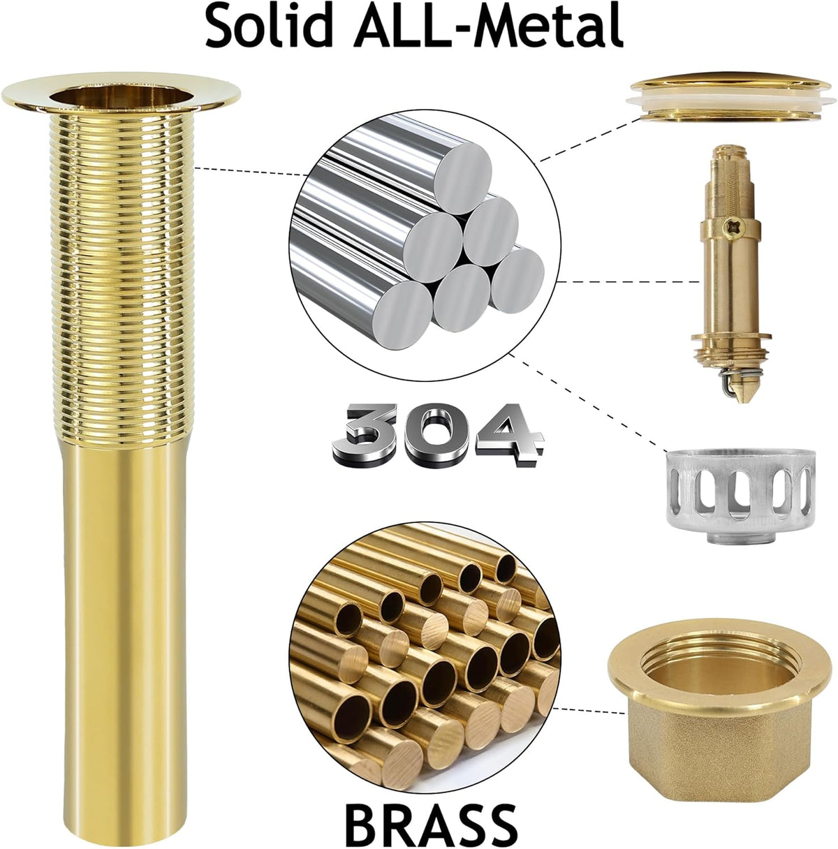 Bathroom Sink Drain,2 Pack Gold Stainless Steel Bathroom Drain Stopper Without Overflow,Small Cap Pop Up Drain Assembly with Detachable Strainer Basket,Built-in Anti-Clogging
