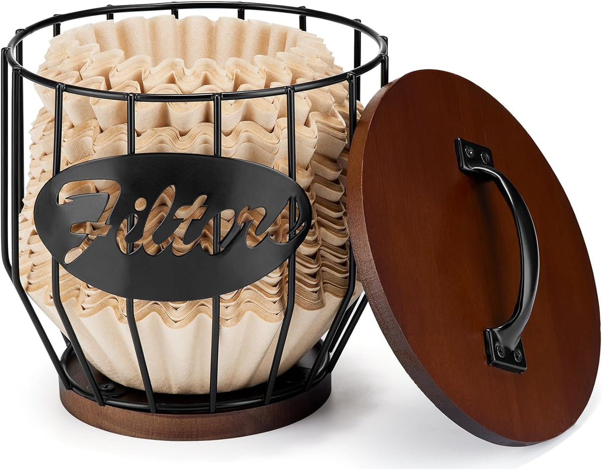 Yangbaga 8-12 Cup Coffee Filters Holder with Wood Lid,Large Capacity Coffee Filter Storage Canister Container Basket,Black Wire K Cup Storage Basket,Coffee Bar Accessories decor