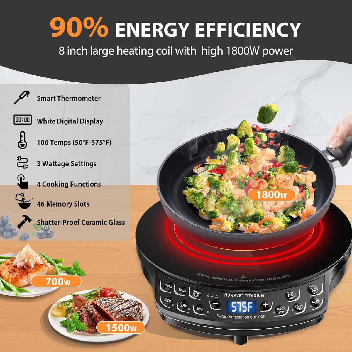 Nuwave Induction Cooktop, Improved Hot Plate with Digital Probe , 106 Temps 100°F-575°F, 3 Watt Settings, Portable Induction Burners for Cooking