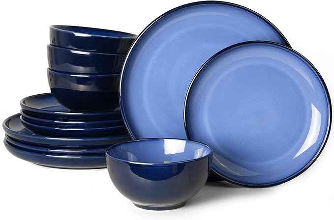 Blue Stoneware Dinnerware Set, 12 pcs Reactive Glaze Plates and Bowls Sets, Handmade Round Dishes Set for 4, Highly Chip and Crack Resistant Modern Plate Set