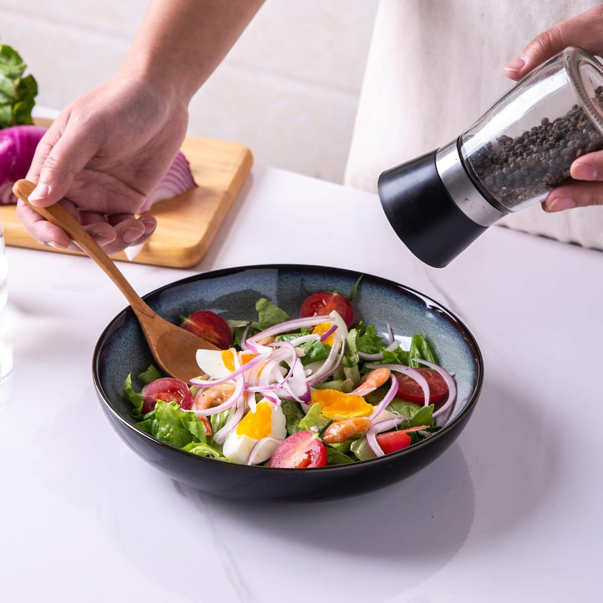LERATIO Large Pasta Bowls,38oz Ceramic Pasta Bowls,9.0" Reactive Glaze Pasta Bowl Set of 6,Microwave & Dishwasher,Oven Safe,Wide Serving Bowls for Salad,Pasta,Fruit,Scratch Resistant-Gray White