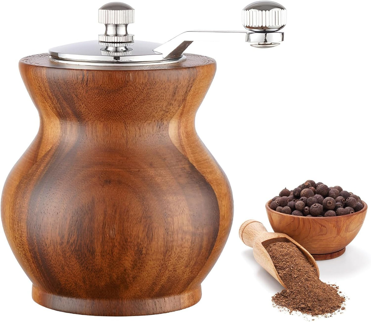 Pepper Grinder, Classical Hand Shake Wood Pepper Mills for Kitchen, Manual Wooden& Acrylic Pepper Grinder Hand Crank Salt Mill with Adjustable Coarseness, Great for Pepper, Sea Salt, Sesame